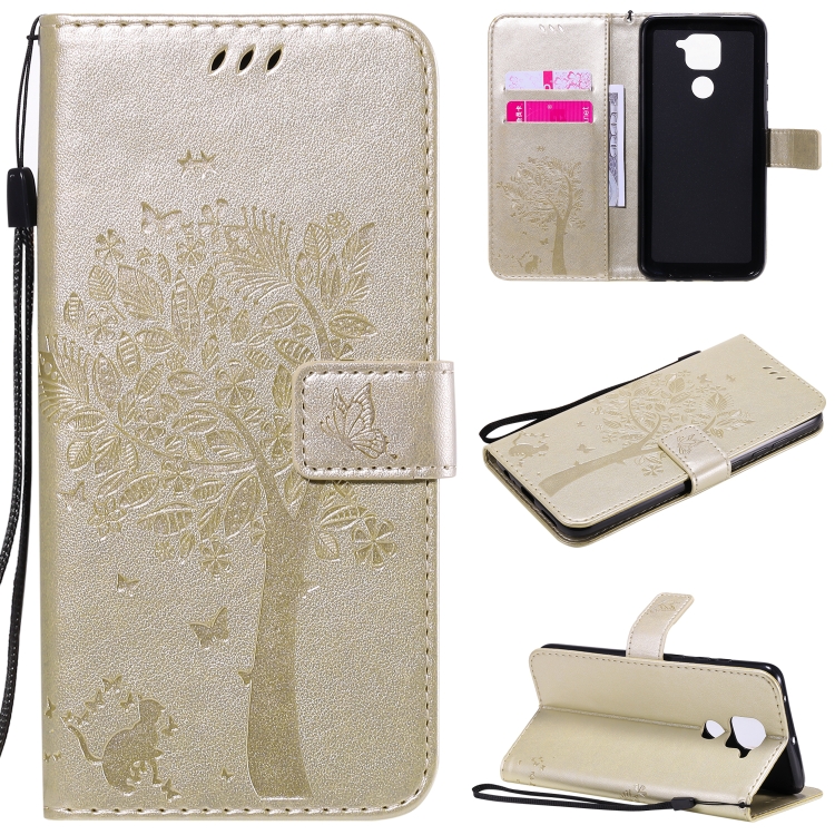 

For Xiaomi Redmi Note 9 Tree & Cat Embossed Pattern Horizontal Flip Leather Case with Holder & Card Slots & Wallet & Lanyard(Gold)