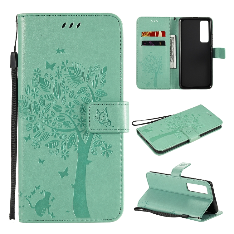 

For Huawei Nova 7 Pro Tree & Cat Embossed Pattern Horizontal Flip Leather Case with Holder & Card Slots & Wallet & Lanyard(Green)