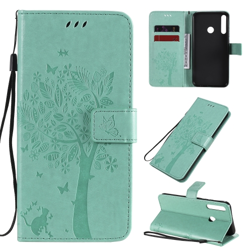 

For Huawei P40 Lite E Tree & Cat Embossed Pattern Horizontal Flip Leather Case with Holder & Card Slots & Wallet & Lanyard(Green)