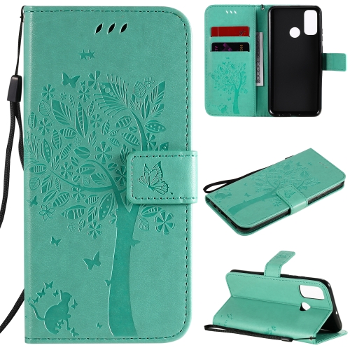 

For Huawei P Smart 2020 Tree & Cat Embossed Pattern Horizontal Flip Leather Case with Holder & Card Slots & Wallet & Lanyard(Green)