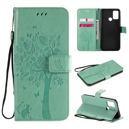 

For Huawei Honor 9A Tree & Cat Embossed Pattern Horizontal Flip Leather Case with Holder & Card Slots & Wallet & Lanyard(Green)