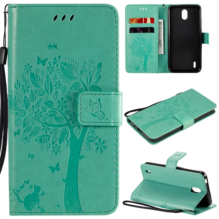 

For Nokia 1.3 Tree & Cat Embossed Pattern Horizontal Flip Leather Case with Holder & Card Slots & Wallet & Lanyard(Green)