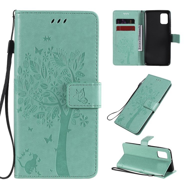 

For Samsung Galaxy A31 Tree & Cat Embossed Pattern Horizontal Flip Leather Case with Holder & Card Slots & Wallet & Lanyard(Green)