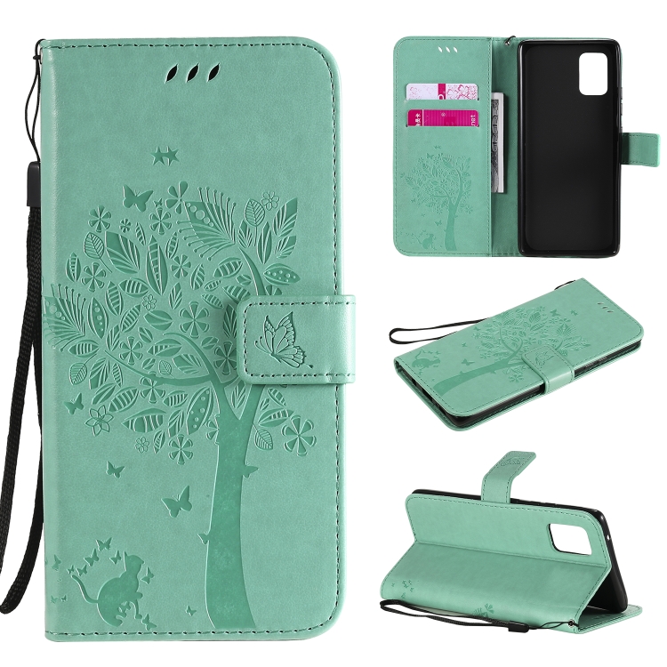 

For Samsung Galaxy A71 5G Tree & Cat Embossed Pattern Horizontal Flip Leather Case with Holder & Card Slots & Wallet & Lanyard(Green)