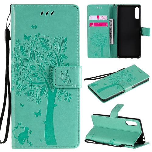 

For Sony Xperia L4 Tree & Cat Embossed Pattern Horizontal Flip Leather Case with Holder & Card Slots & Wallet & Lanyard(Green)