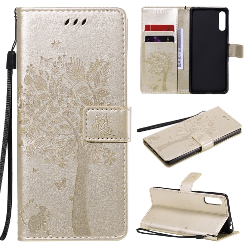 

For Sony Xperia L4 Tree & Cat Embossed Pattern Horizontal Flip Leather Case with Holder & Card Slots & Wallet & Lanyard(Gold)