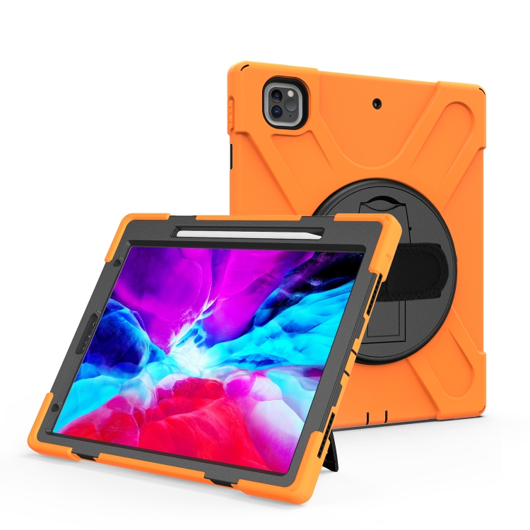 

For iPad Pro 12.9 (2020) Shockproof Colorful Silicone + PC Protective Case with Holder & Shoulder Strap & Hand Strap & Pen Slot(Orange)