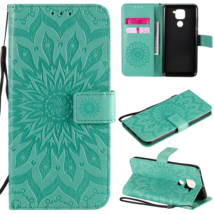 

For Xiaomi Redmi Note 9/Redmi 10X 4G Embossed Sunflower Pattern Horizontal Flip PU Leather Case with Holder & Card Slots & Wallet & Lanyard(Green)