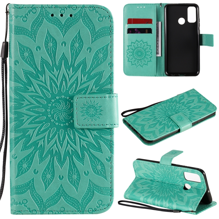 

For Huawei P smart 2020 Embossed Sunflower Pattern Horizontal Flip PU Leather Case with Holder & Card Slots & Wallet & Lanyard(Green)