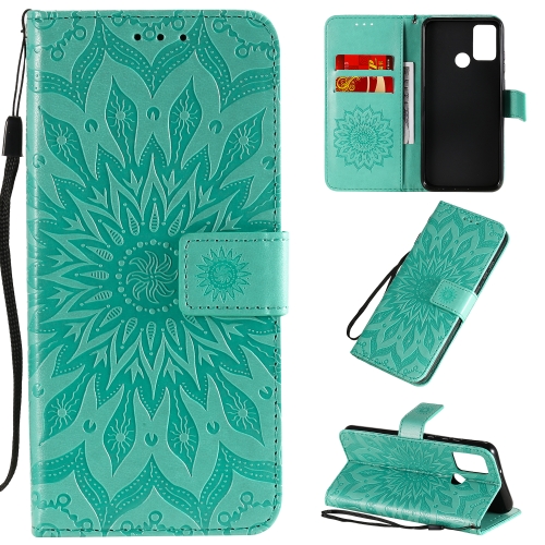 

For Huawei Honor 9A Embossed Sunflower Pattern Horizontal Flip PU Leather Case with Holder & Card Slots & Wallet & Lanyard(Green)