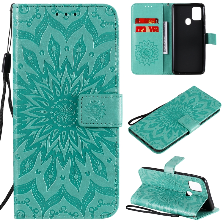 

For Samsung Galaxy A21s Embossed Sunflower Pattern Horizontal Flip PU Leather Case with Holder & Card Slots & Wallet & Lanyard(Green)