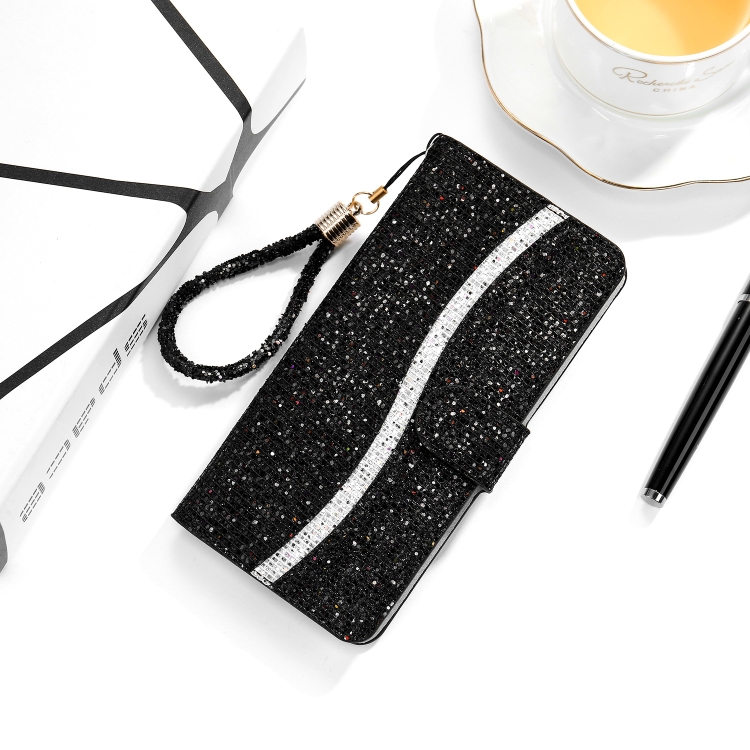 

For Samsung Galaxy S10e Glitter Powder Horizontal Flip Leather Case with Card Slots & Holder & Lanyard(Black)