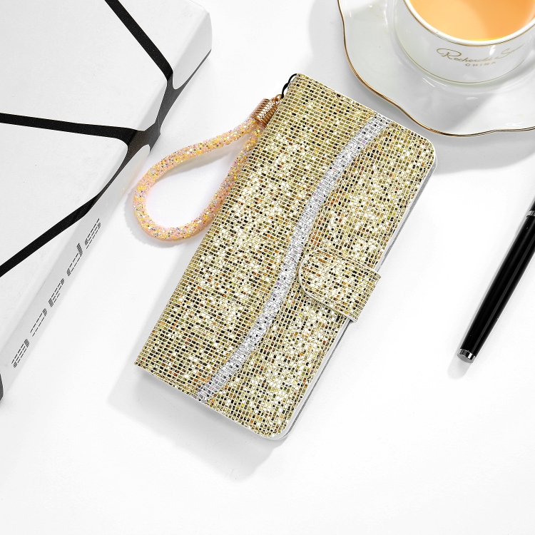 

For Samsung Galaxy S20 Glitter Powder Horizontal Flip Leather Case with Card Slots & Holder & Lanyard(Gold)
