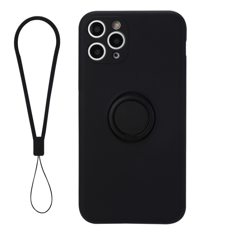 

For iPhone 11 Solid Color Liquid Silicone Shockproof Full Coverage Protective Case with Ring Holder & Lanyard(Black)