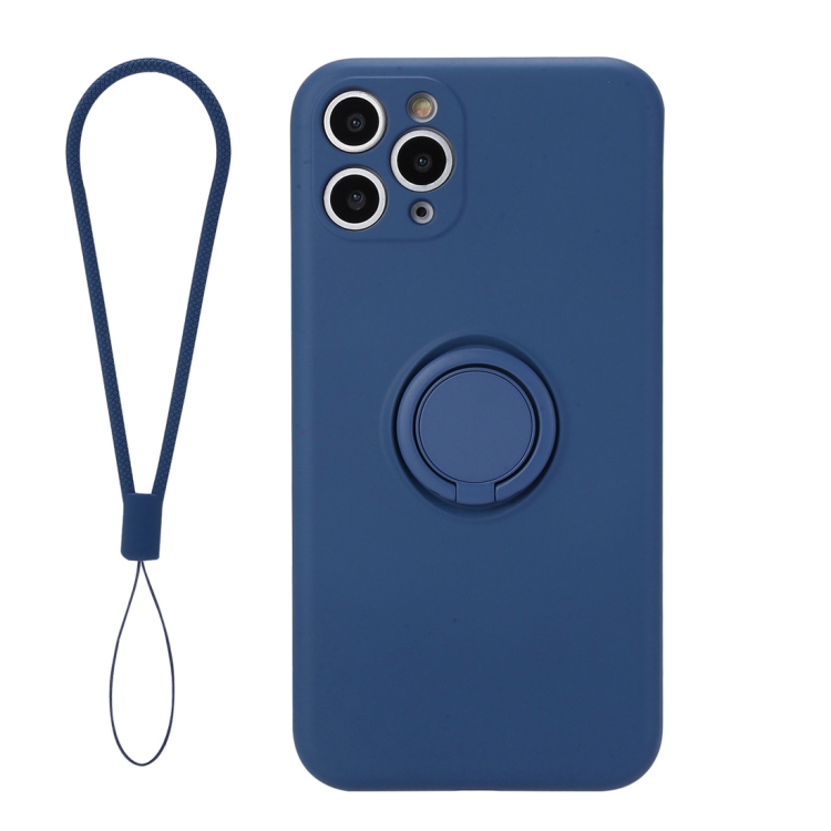 

For iPhone 11 Pro Solid Color Liquid Silicone Shockproof Full Coverage Protective Case with Ring Holder & Lanyard(Dark Blue)