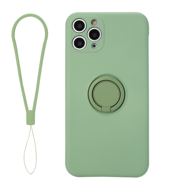

For iPhone 11 Pro Max Solid Color Liquid Silicone Shockproof Full Coverage Protective Case with Ring Holder & Lanyard(Green)