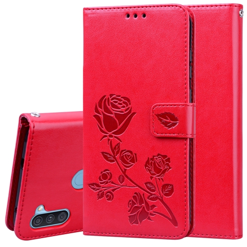 

For Samsung Galaxy A11 Rose Embossed Horizontal Flip PU Leather Case with Holder & Card Slots & Wallet(Red)