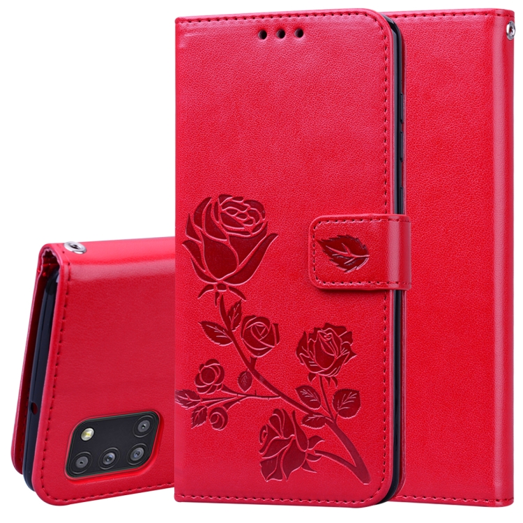 

For Samsung Galaxy A31 Rose Embossed Horizontal Flip PU Leather Case with Holder & Card Slots & Wallet(Red)