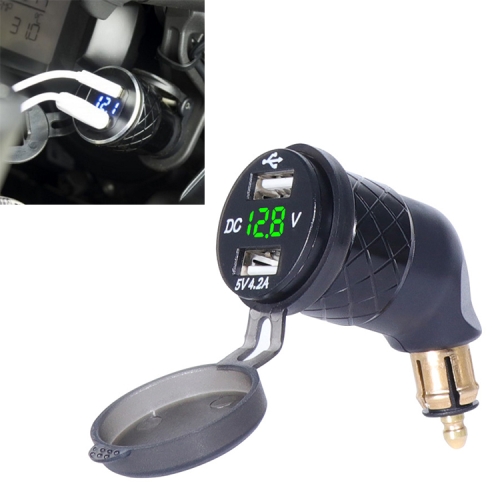 

German EU Plug Special Motorcycle Elbow Charger Dual USB Voltmeter 4.2A Charger, Shell Color:Black(Green Light)