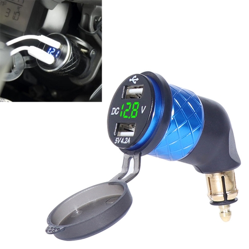 

German EU Plug Special Motorcycle Elbow Charger Dual USB Voltmeter 4.2A Charger, Shell Color:Blue(Green Light)