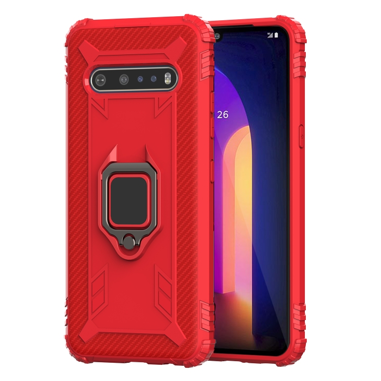 

For LG V60 & V60 ThinQ Carbon Fiber Protective Case with 360 Degree Rotating Ring Holder(Red)