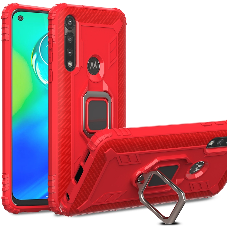 

For Motorola Moto G Power Carbon Fiber Protective Case with 360 Degree Rotating Ring Holder(Red)
