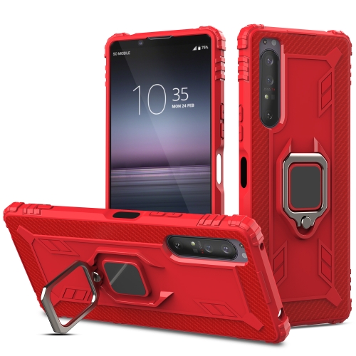 

For Sony Xperia 1 II Carbon Fiber Protective Case with 360 Degree Rotating Ring Holder(Red)