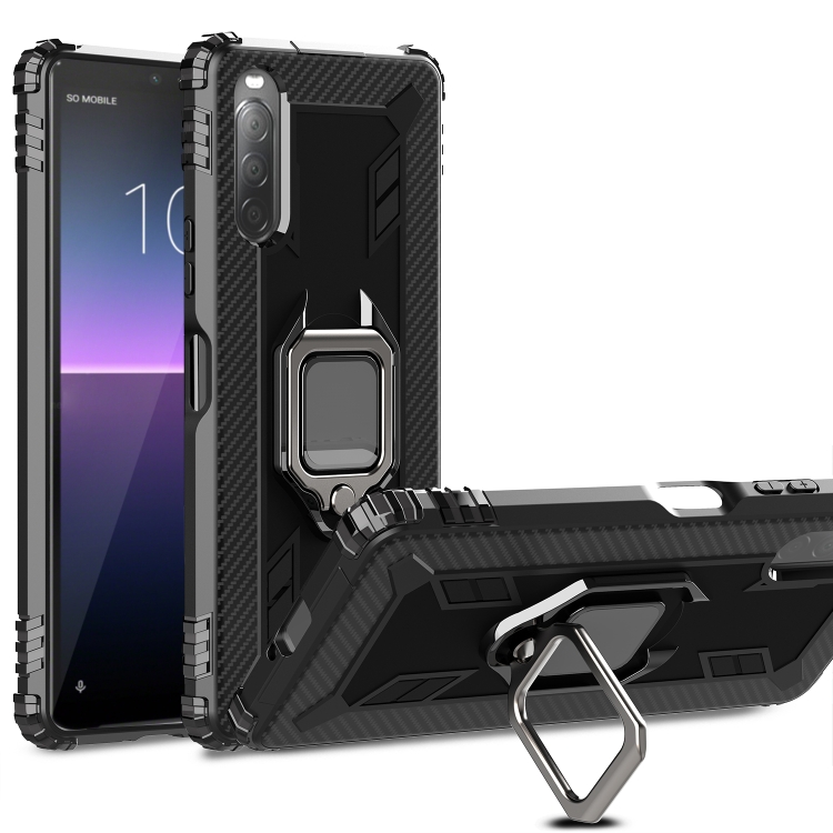 

For Sony Xperia 10 II Carbon Fiber Protective Case with 360 Degree Rotating Ring Holder(Black)