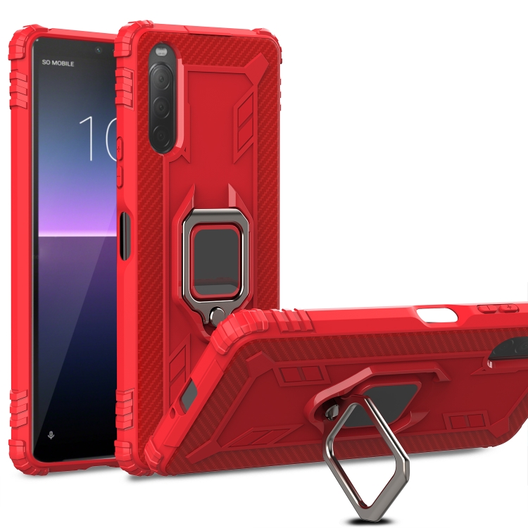 

For Sony Xperia 10 II Carbon Fiber Protective Case with 360 Degree Rotating Ring Holder(Red)