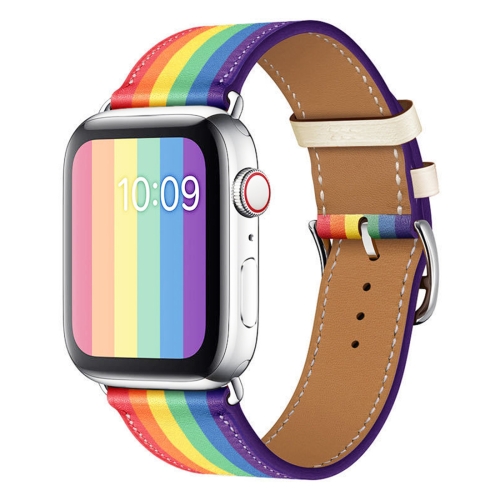 

For Apple Watch Series 5 & 4 44mm / 3 & 2 & 1 42mm Rainbow Leather Watchband(White)