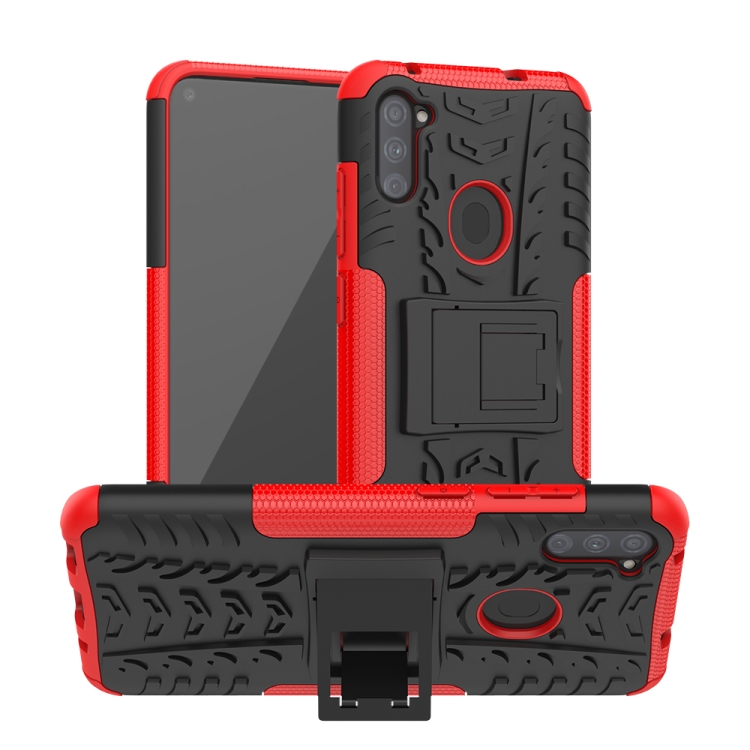 

For Samsung Galaxy A11（US Version）Tire Texture Shockproof TPU+PC Protective Case with Holder(Red)
