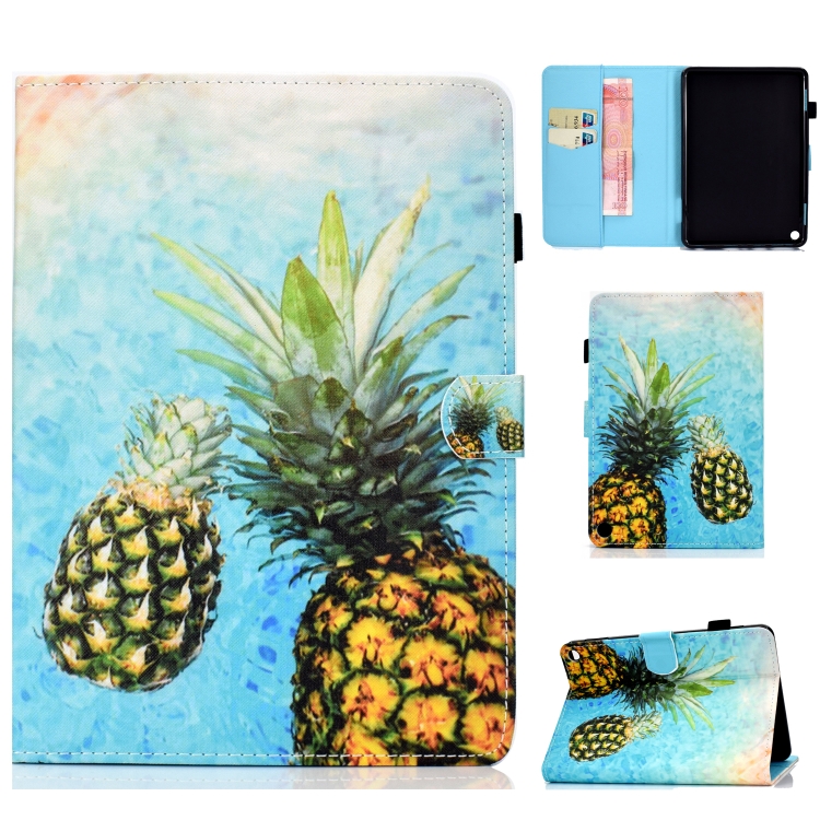 

For Amazon Kindle Fire HD 8 (2020) Sewing Thread Horizontal Painted Flat Leather Case with Sleep Function & Pen Cover & Anti Skid Strip & Card Slot & Holder(Pineapple)