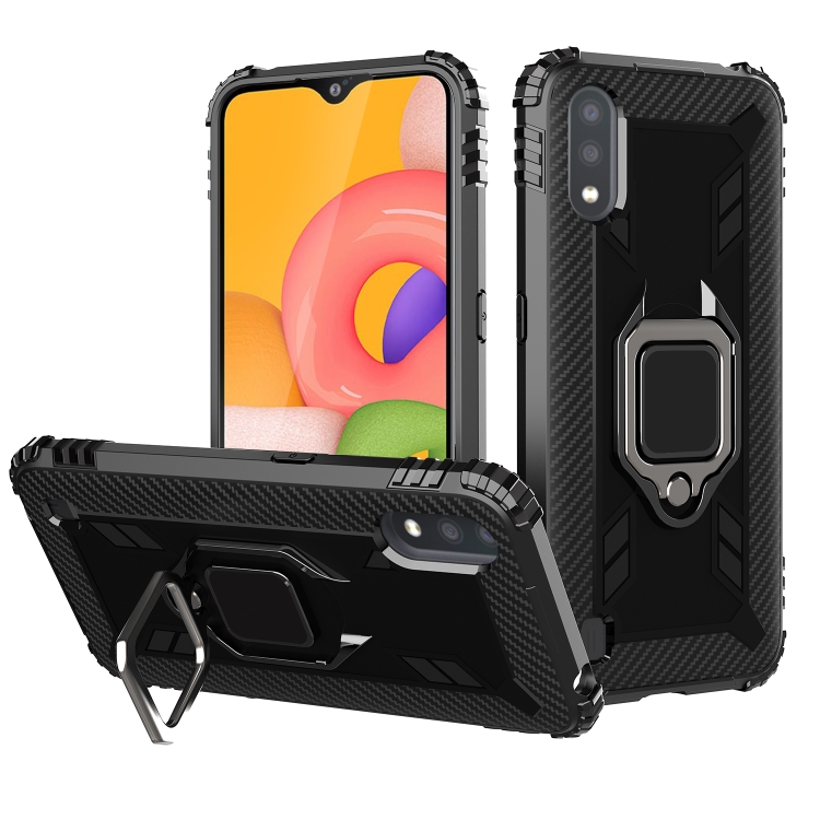 

For Samsung Galaxy A01 (US Version) Carbon Fiber Protective Case with 360 Degree Rotating Ring Holder(Black)