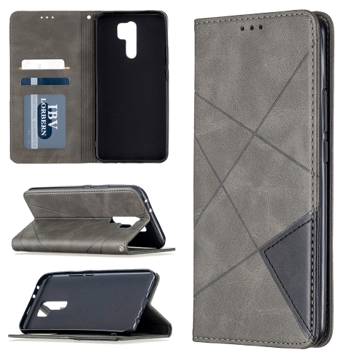 

For Xiaomi Redmi 9 Rhombus Texture Horizontal Flip Magnetic Leather Case with Holder & Card Slots & Wallet(Grey)