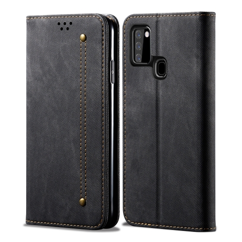 

For Samsung Galaxy A21s Denim Texture Casual Style Horizontal Flip Leather Case with Holder & Card Slots & Wallet(Black)