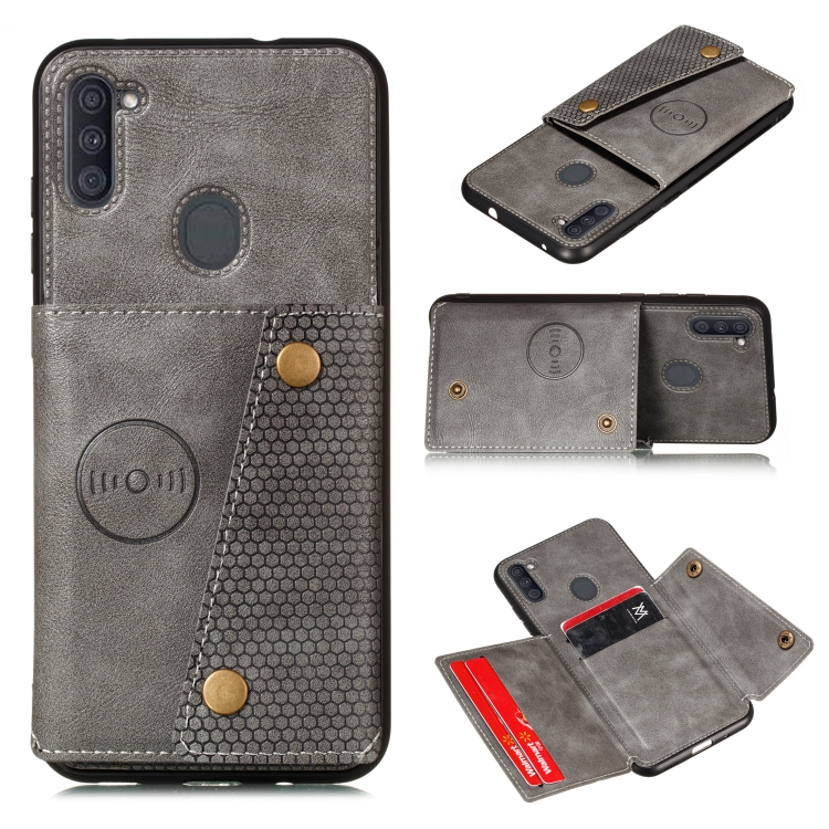 

For Samsung Galaxy A11 Double Buckle PU + TPU Shockproof Magnetic Protective Case with Card Slot(Grey)