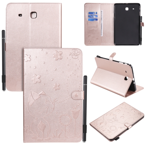 

For Samsung Galaxy Tab E9.6 T560 Cat Bee Embossing Pattern Shockproof Table PC Protective Horizontal Flip Leather Case with Holder & Card Slots & Wallet & Pen Slot(Rose Gold)