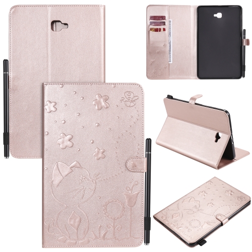 

For Samsung Galaxy Tab A10.1 (2016) T580 Cat Bee Embossing Pattern Shockproof Table PC Protective Horizontal Flip Leather Case with Holder & Card Slots & Wallet & Pen Slot(Rose Gold)