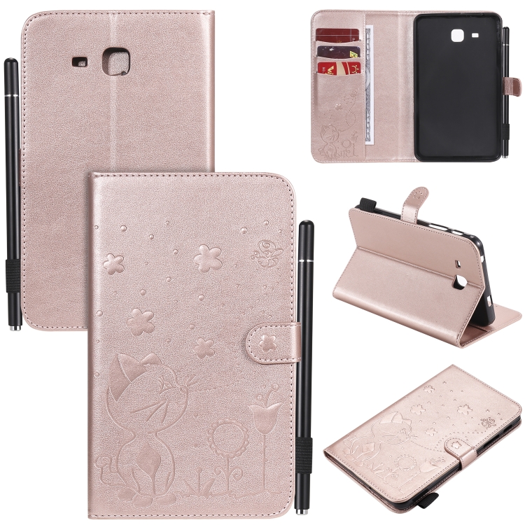 

For Samsung Galaxy Tab A7.0 (2016) T280 Cat Bee Embossing Pattern Shockproof Table PC Protective Horizontal Flip Leather Case with Holder & Card Slots & Wallet & Pen Slot & Wake-up / Sleep Function(Rose Gold)