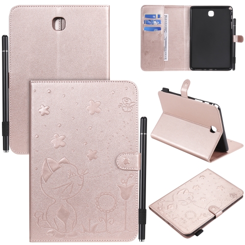 

For Samsung Galaxy Tab A8.0 (2015) T350 Cat Bee Embossing Pattern Shockproof Table PC Protective Horizontal Flip Leather Case with Holder & Card Slots & Wallet & Pen Slot & Wake-up / Sleep Function(Rose Gold)