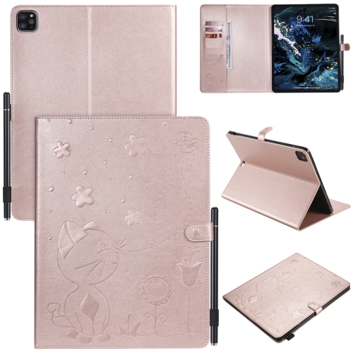 

For iPad Pro 12.9 (2020) & (2018) Cat Bee Embossing Pattern Horizontal Flip Leather Case with Holder & Card Slots & Wallet & Pen Slot(Rose Gold)