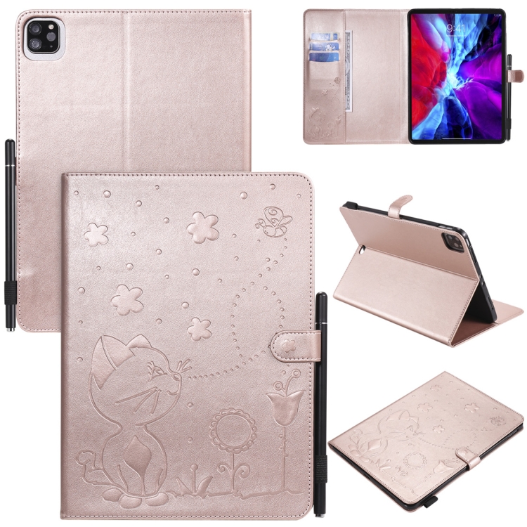 

For iPad Pro 11 (2020) & (2018) Cat Bee Embossing Pattern Horizontal Flip Leather Case with Holder & Card Slots & Wallet & Pen Slot & Wake-up / Sleep Function(Rose Gold)