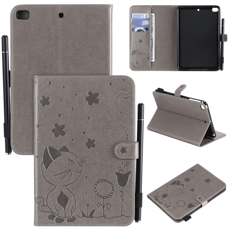 Sunsky For Ipad Mini 5 4 3 2 1 Cat Bee Embossing Pattern Horizontal Flip Leather Case With Holder Card Slots Wallet Pen Slot Wake Up Sleep Function Grey