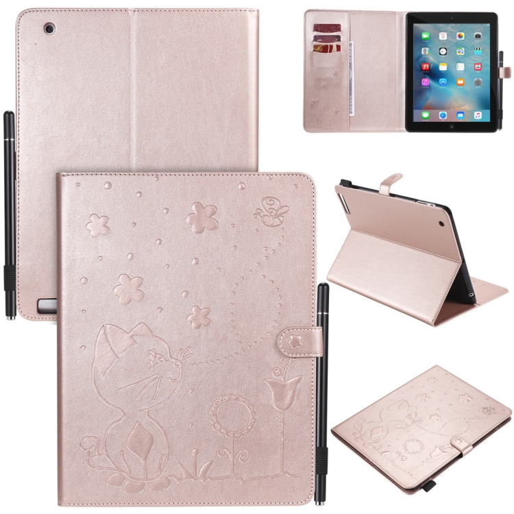 

For iPad 4 / 3 / 2 Cat Bee Embossing Pattern Horizontal Flip Leather Case with Holder & Card Slots & Wallet & Pen Slot & Wake-up / Sleep Function(Rose Gold)