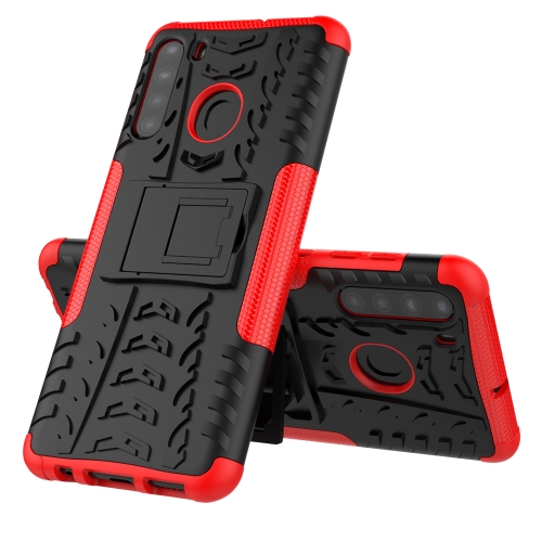 

For Samsung Galaxy A21 (US Version) Tire Texture Shockproof TPU+PC Protective Case with Holder(Red)