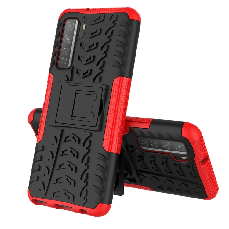 

For Huawei P40 Lite 5G Tire Texture Shockproof TPU+PC Protective Case with Holder(Red)