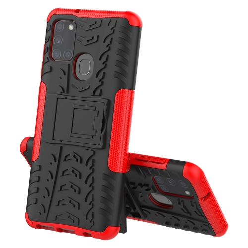 

For Samsung Galaxy A21s Tire Texture Shockproof TPU+PC Protective Case with Holder(Red)