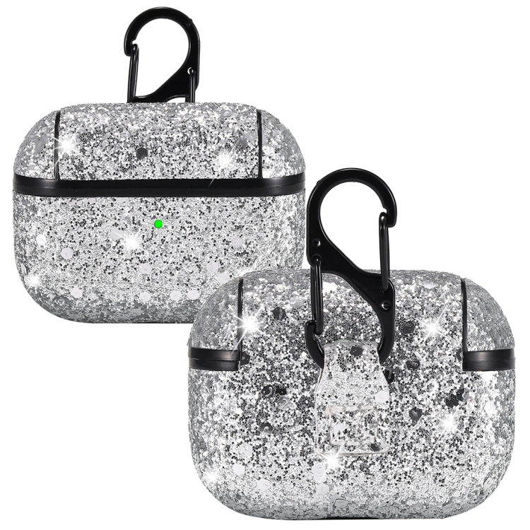 

For AirPods Pro PC + PU Love-heart Shape Glitter Earphone Protective Case with Hook(Silver)