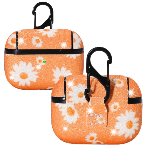 

For AirPods Pro PC + PU Glitter Daisy Pattern Earphone Protective Case with Hook(Orange)