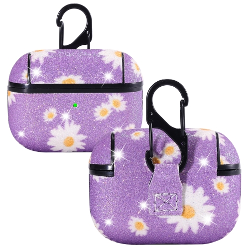 

For AirPods Pro PC + PU Glitter Daisy Pattern Earphone Protective Case with Hook(Purple)